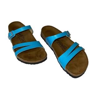 Birkenstock Birkis Cross Sandals Birko Flor Teal Leather Slip On Slides Size 39